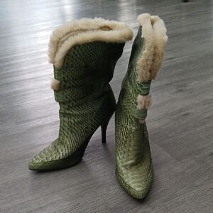 Colin Stuart Green gator croc Leather Faux Fur Lined Women's Boots Sz 6.5 EUC